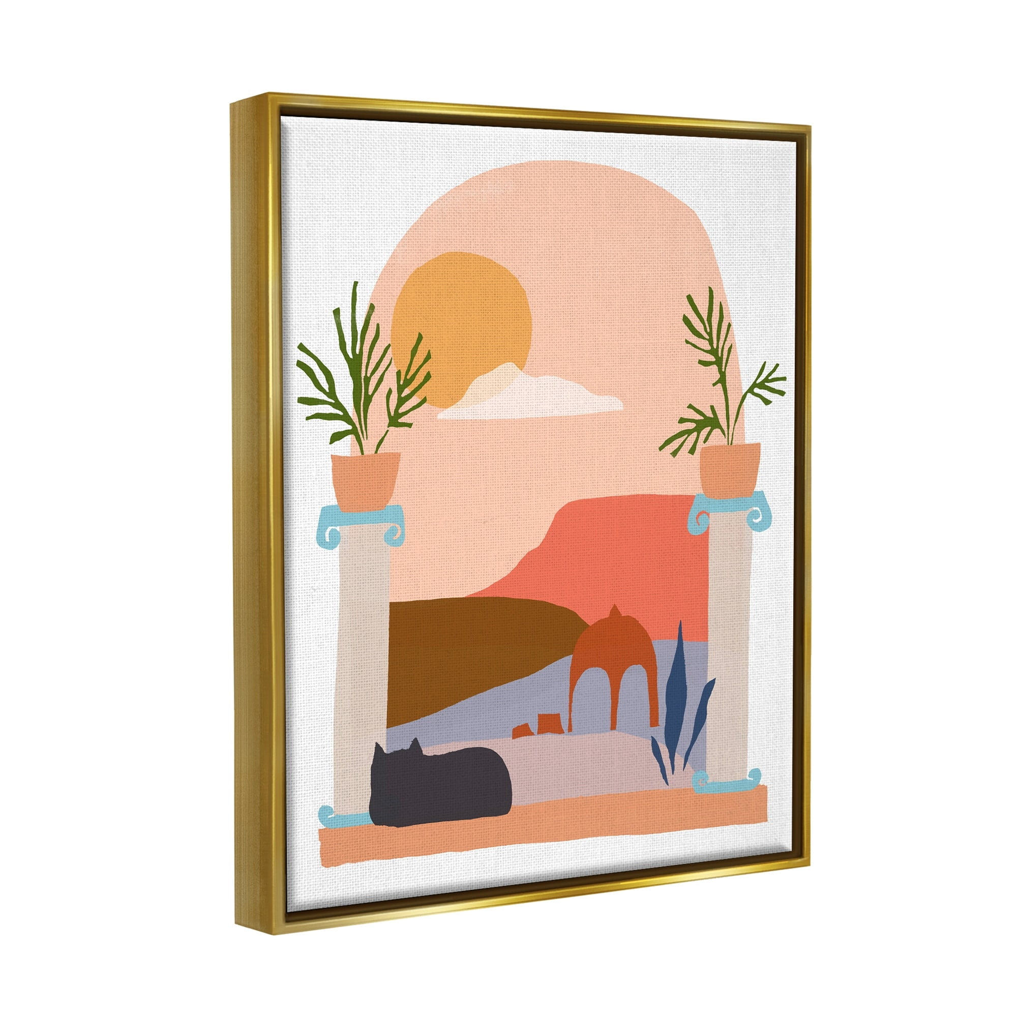 Stupell Industries Black Cat Watching Peaceful Sunny Hills Scenery Graphic Art Metallic Gold Floating Framed Canvas Print Wall Art, Design by June Erica Vess