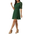 thumbnail image 4 of Unique Bargains Robe à Manches Froncées Col Rond Métallique Étoiles Brillantes Vert Foncé S, 4 of 5