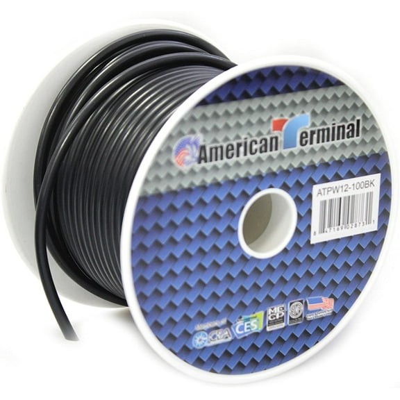 American Terminal ATPW12-100BK<br/> 12 Gauge 100 Feet Wire Black Power Ground Primary Stranded Copper Clad