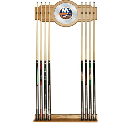 New York Islanders NHL Stained Wood Cue Rack with Mirror - Blue, Orange, White