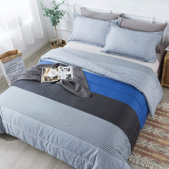 Andency Stripe Comforter Set Queen Size (90X90 Inch) 3 Pieces Gray And Blue Patchwork Striped Comforter Soft Microfiber Down Alternative Comforter Bedding Set With Corner Loops