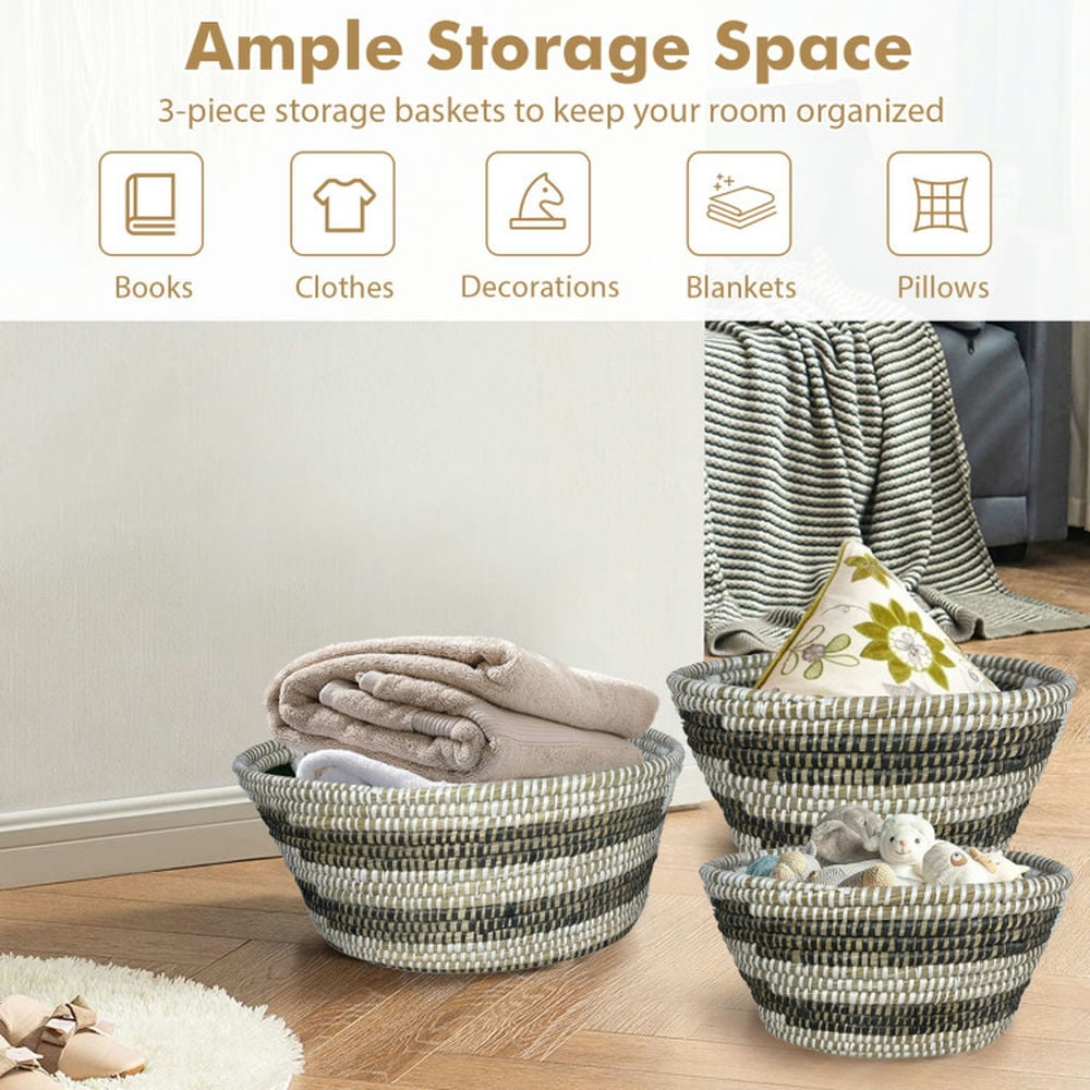Finihen Laundry Hamper, Laundry Basket, Natural Canes Grass Baskets Stackable Storage Bins Set of 3 with Hollowed Handles, for Bathroom, Laundry Room, White & Black Finihen Laundry Hamper, Laundry Basket, Natural Canes Grass Baskets Stackable Storage Bins Set of 3 with Hollowed Handles, for Bathroom, Laundry Room, White & Black