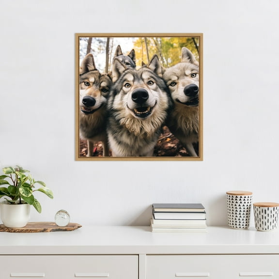 Kate and Laurel Sylvie Funny Animal Wolf Selfie Framed Canvas Wall Art by The Creative Bunch Studio, 22x22 Natural, Funny Cute Animal Art for Wall
