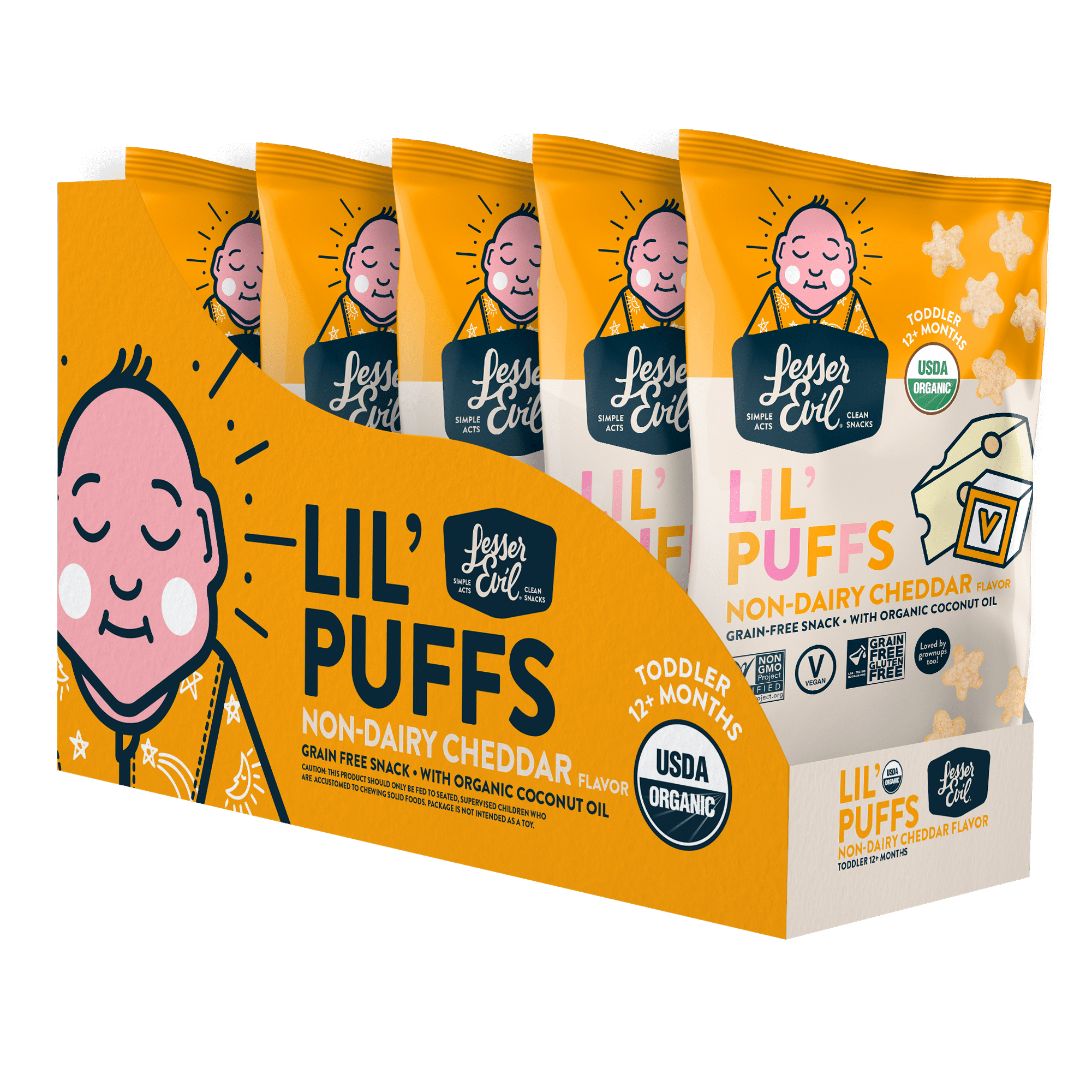 LesserEvil Organic Lil' Puffs, Non-Dairy Cheddar, 2.5 oz Bags, 5 Count