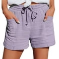 thumbnail image 2 of Duoif Womens Shorts Drawstring Dressy Casual Elastic Waist Trendy Summer Athletic Comfy Ladies Linen Shorts for Women Shorts with Pockets, Purple, S, 2 of 5