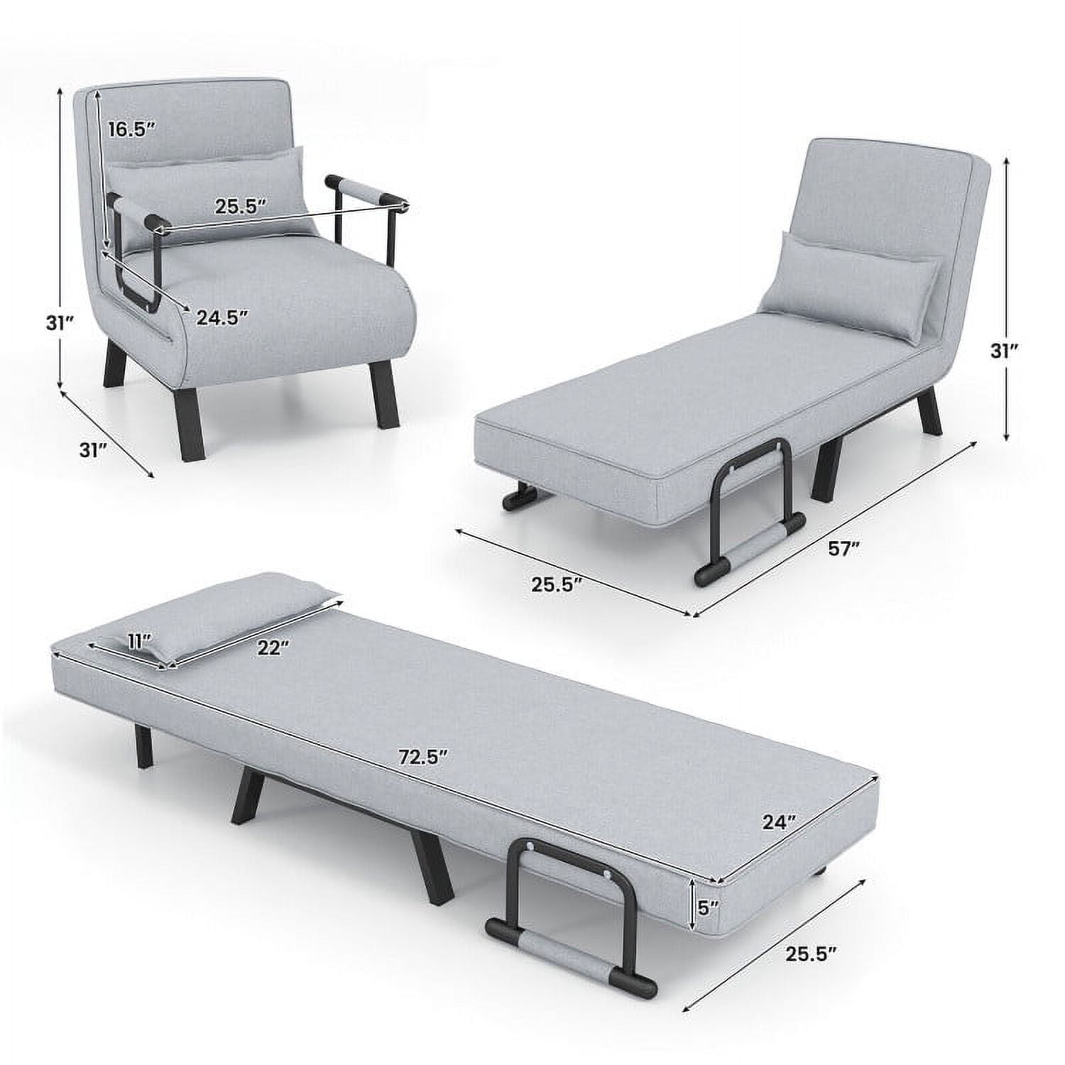 Folding Chair Bed, Folding 6 Position Convertible Sleeper Bed Armchair Lounge Couch with Pillow, Cozy Futon Chair for Small Spaces, Office, Light Gray Folding Chair Bed, Folding 6 Position Convertible Sleeper Bed Armchair Lounge Couch with Pillow, Cozy Futon Chair for Small Spaces, Office, Light Gray
