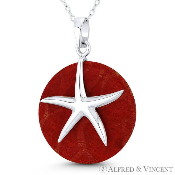 Starfish Ocean Sealife Charm Created Jasper 37x25 (1.5x1in) Pendant & Chain Necklace in .925 Sterling Silver