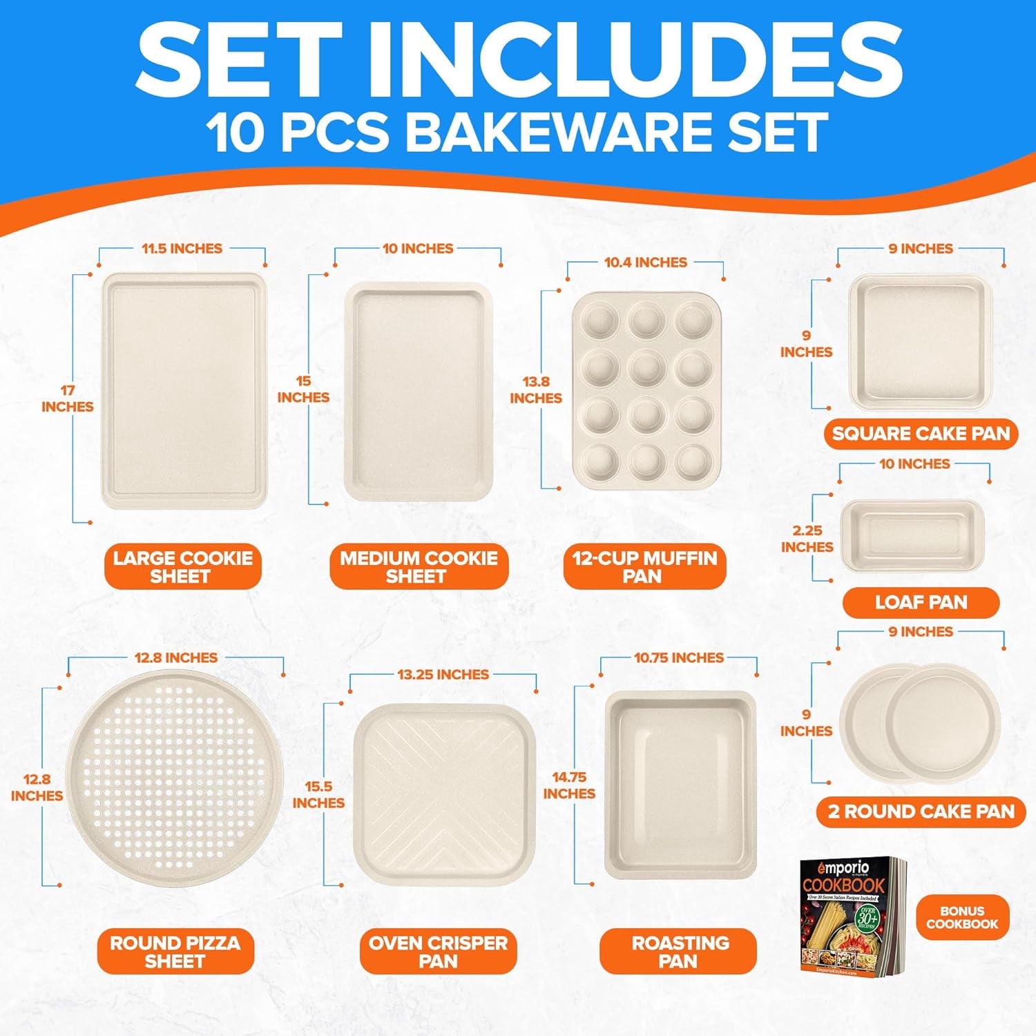 Stackable Baking Pan Set - Nonstick White Marble Coating, Carbon Steel Bakeware Set, Recipe Booklet Included, Oven Safe Tray (Up to 450° F), Set of 10 - White