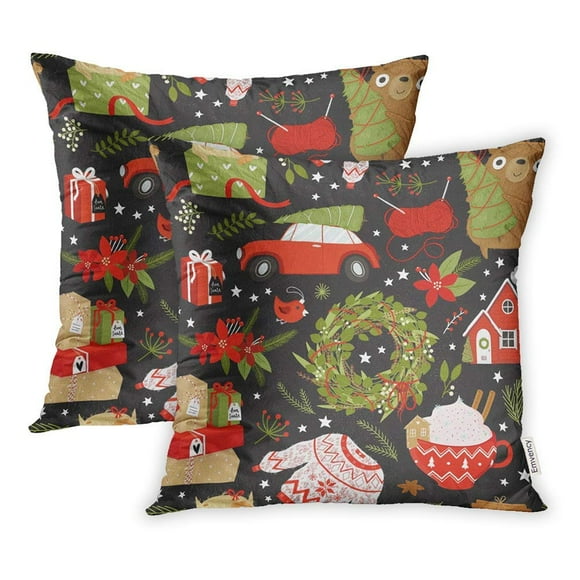 EREHome Christmas Bright Cute Bear Car Tree Wreath House Cup Hot Chocolate Presents Pillow Case Pillow Cover 18x18 inch Set of 2