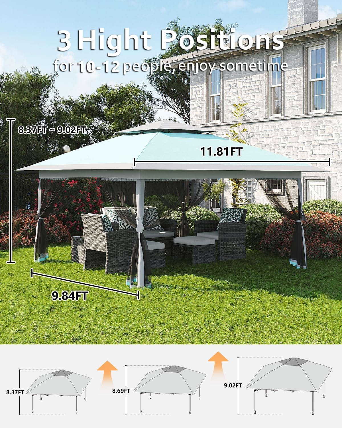 Roromall 12x12 Canopy Tent, Pop Up Canopy Gazebo with Mosquito Netting, Outdoor Gazebo with 4 Sandbags & Wheeled Bag, for Backyard & Patio Furniture, Patio, Deck