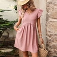 thumbnail image 5 of SAWOBUUN Women Ruffle Sleeve V Neck Midi Dress Textured Casual Swing Sundress Summer Dress, 5 of 7