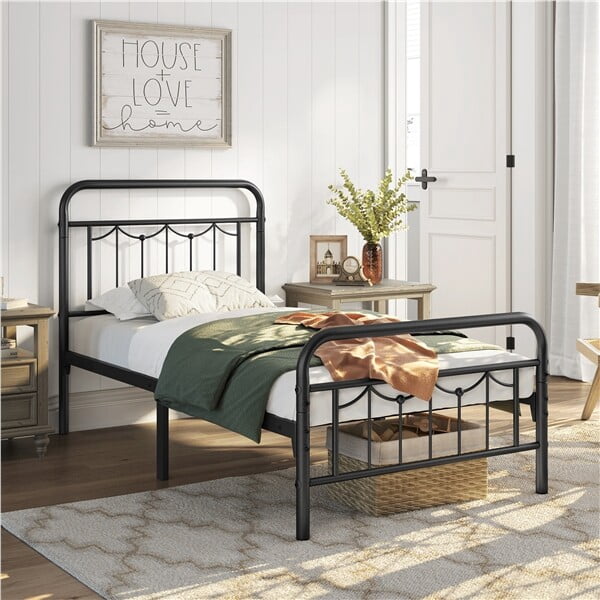 FASCK  Queen Size Metal Bed Frames with Vintage Headboard and Footboard, Farmhouse Metal Platform Bed, Heavy Duty Steel Slat Support, Ample Under-Bed Storage, No Box Spring Needed, Black
