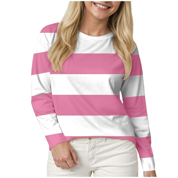 GEWSEY Striped Fall Sweatshirt for Women Long Sleeve Crew Neck Shirts Casual Orange and White Shirt Causal Basic Tops (Pink, XXL)