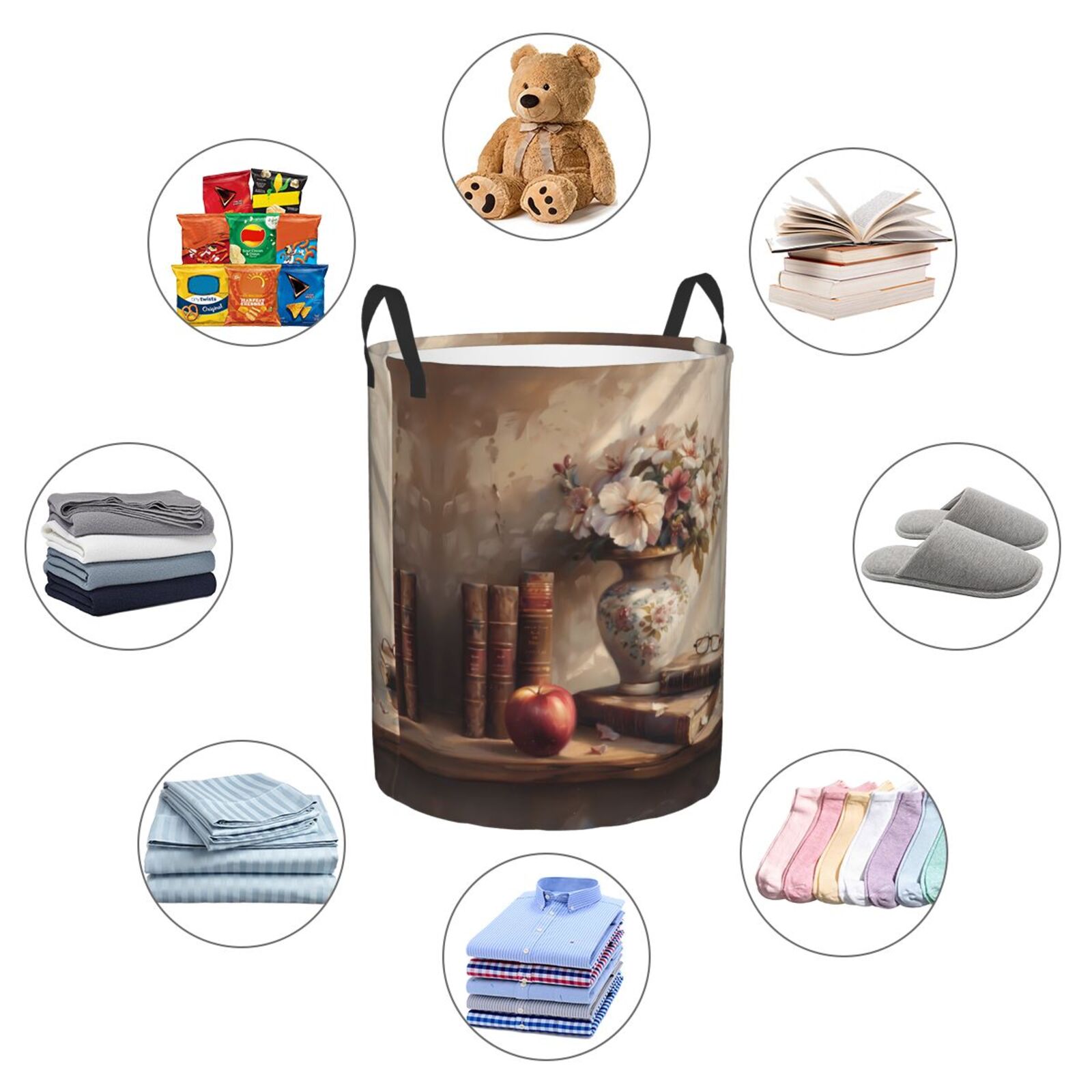 Large Laundry Basket with Handles - Vintage Floral Vase With Books Kids Baby Dirty Clothes Laundry Hamper for Bedroom Aesthetic