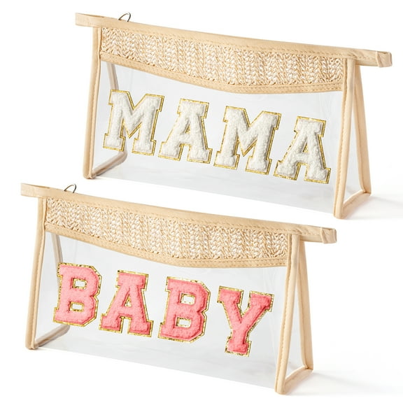 2 Piece Makeup Bag Set MAMA Letter Patch Bag for Female Girls, Large BABY Storage Bag Wash Bag for Travel/Shopping