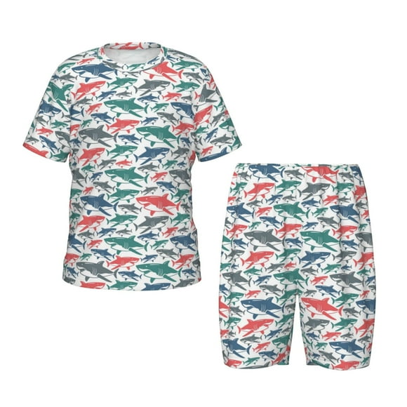 Fotbe Colorful Shark Pattern Kids’ 2-Piece Pajama Set – Comfortable Short-Sleeved Sleepwear for Boys and Girls, Cotton Top and Shorts, Breathable and Soft-Large