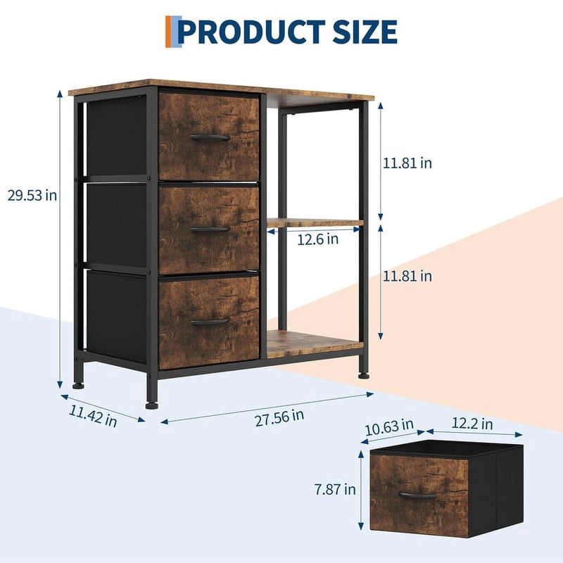 File Cabinet with 3 Drawers, Printer Stand with Open Shelves, Under Desk Storage Organizer for Home Office, Fabric Wood Top for Living Room