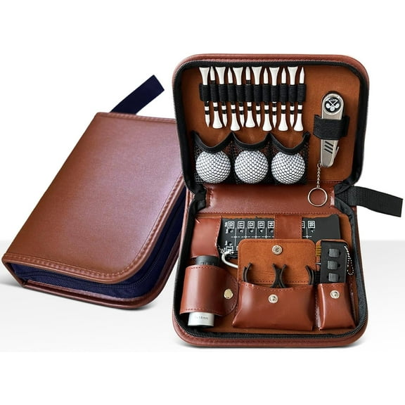 Agoplee Golf Accessories Kit Case, Golf kt bag, Portable Leather Case for Golf Balls, Rangefinder, Tees, Brush, Divot Knife, Scorer, Ball Clamp, Ideal Gifts for Men Women