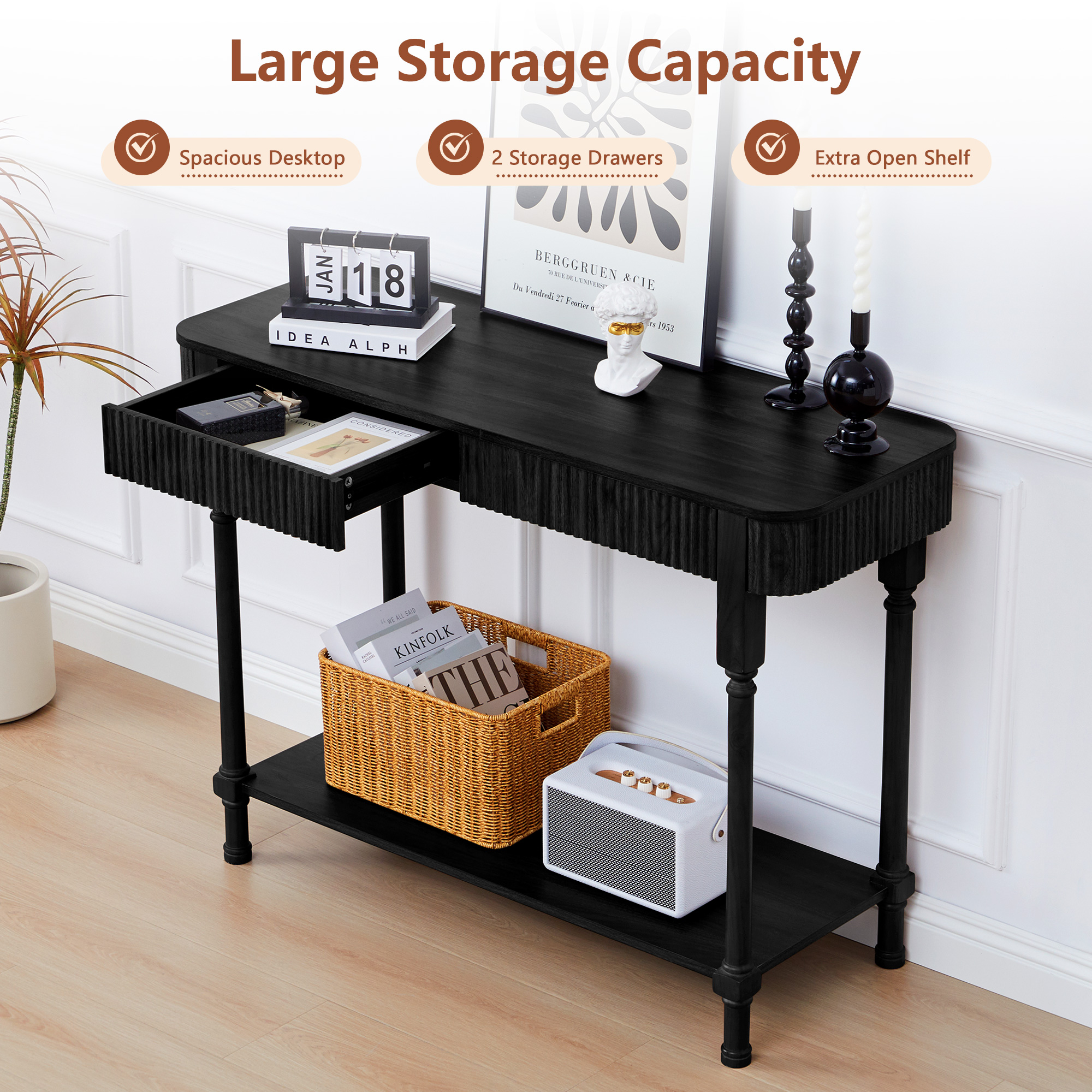 YOCWO Roman Column Console Table, Fluted Sofa Table with 2 Drawer and Open Shelf for Storage, Mid Century Modern Entryway Table for Living Room Hallway, Black