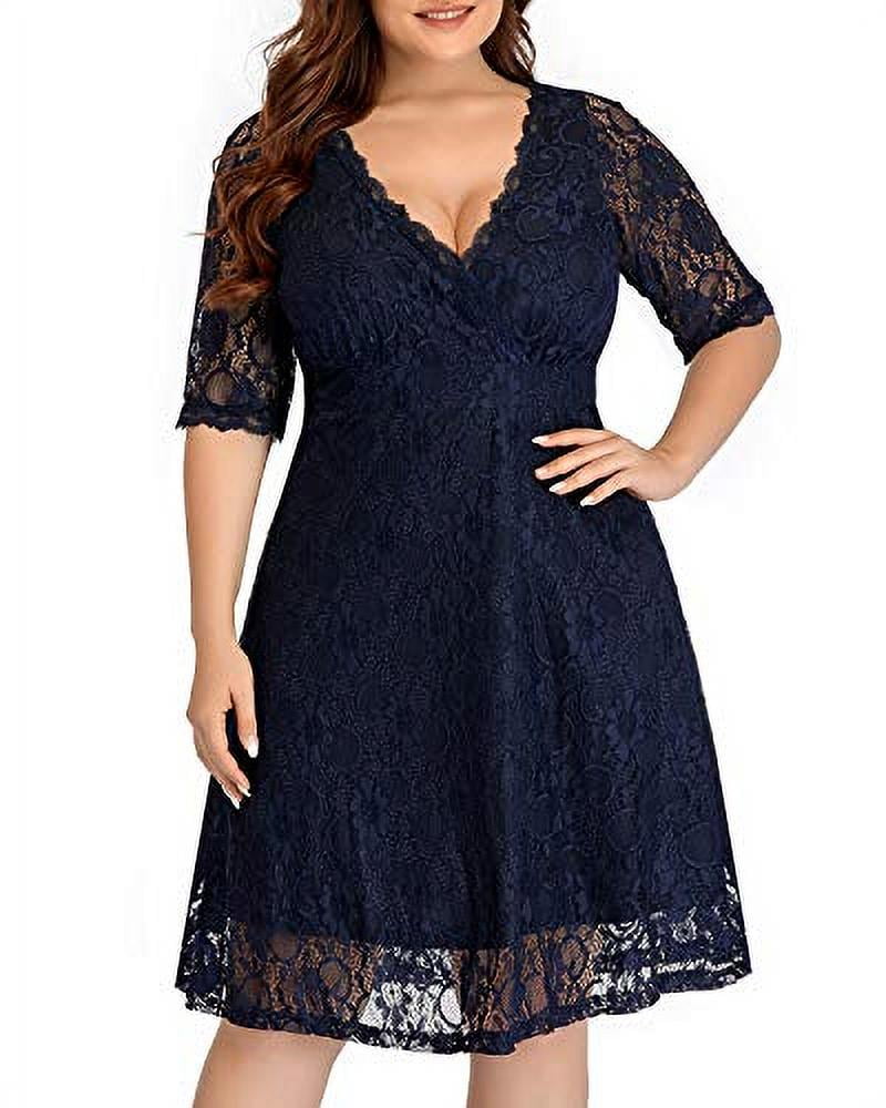 Navy Tea Length Lace V Neck Mother Of The Bride Dress A Line Wedding Guest Gown 