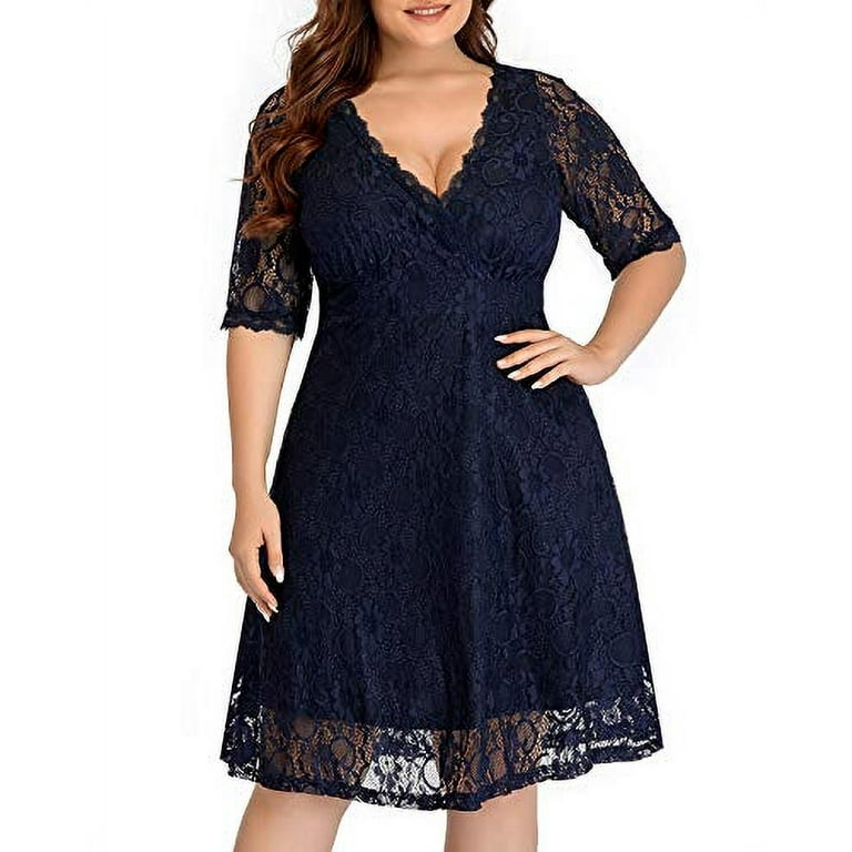 Women Lace V Neck Plus Size Cocktail Dress Navy Blue Wedding Guest Semi- Formal Evening Party Casual Knee Length Dresses -
