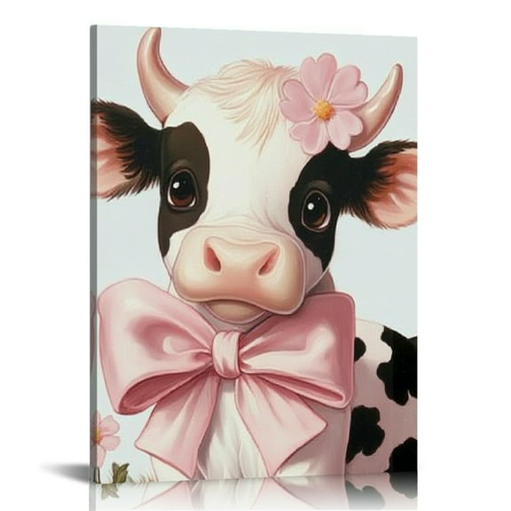 Patifu Cow with Pink Bow and Flower Canvas Wall Decor for Bedroom Living Room Office Home, Fashion Kitchen Pictures 12x16 in