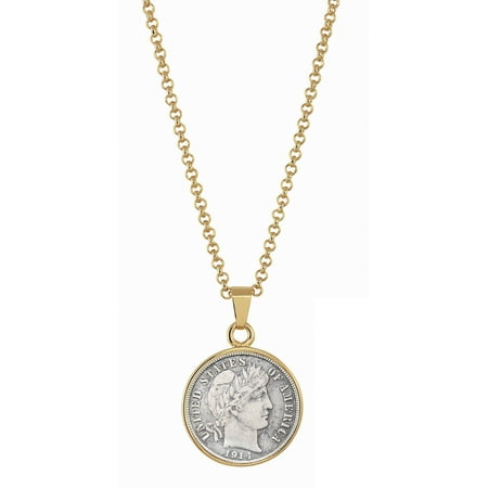 - Silver Barber Dime Goldtone Coin Pendant with 18