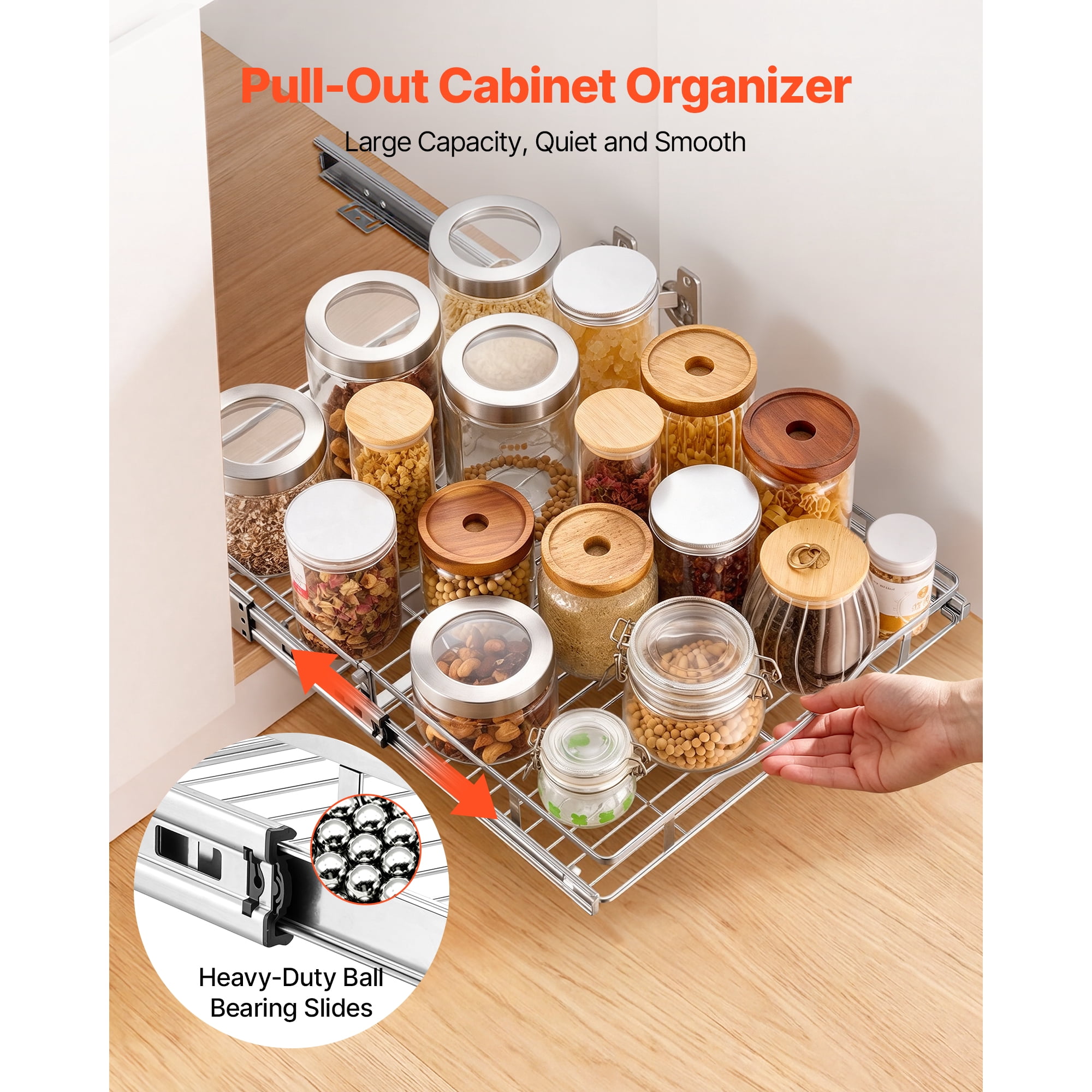KFFKFF Pull-Out Cabinet Organizer 16.93"W x 21.06"D, Steel Sliding Drawers for Kitchen, Bathroom, Pantry, and Home Storage, Chrome-Plated Finish, Durable Sliding Shelves for Base Cabinets