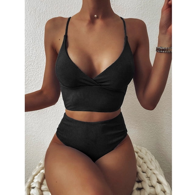 WREESH Women Striped Push Up High Cut Hight Waist Halter Bikini Set Two Piece Swimsuit