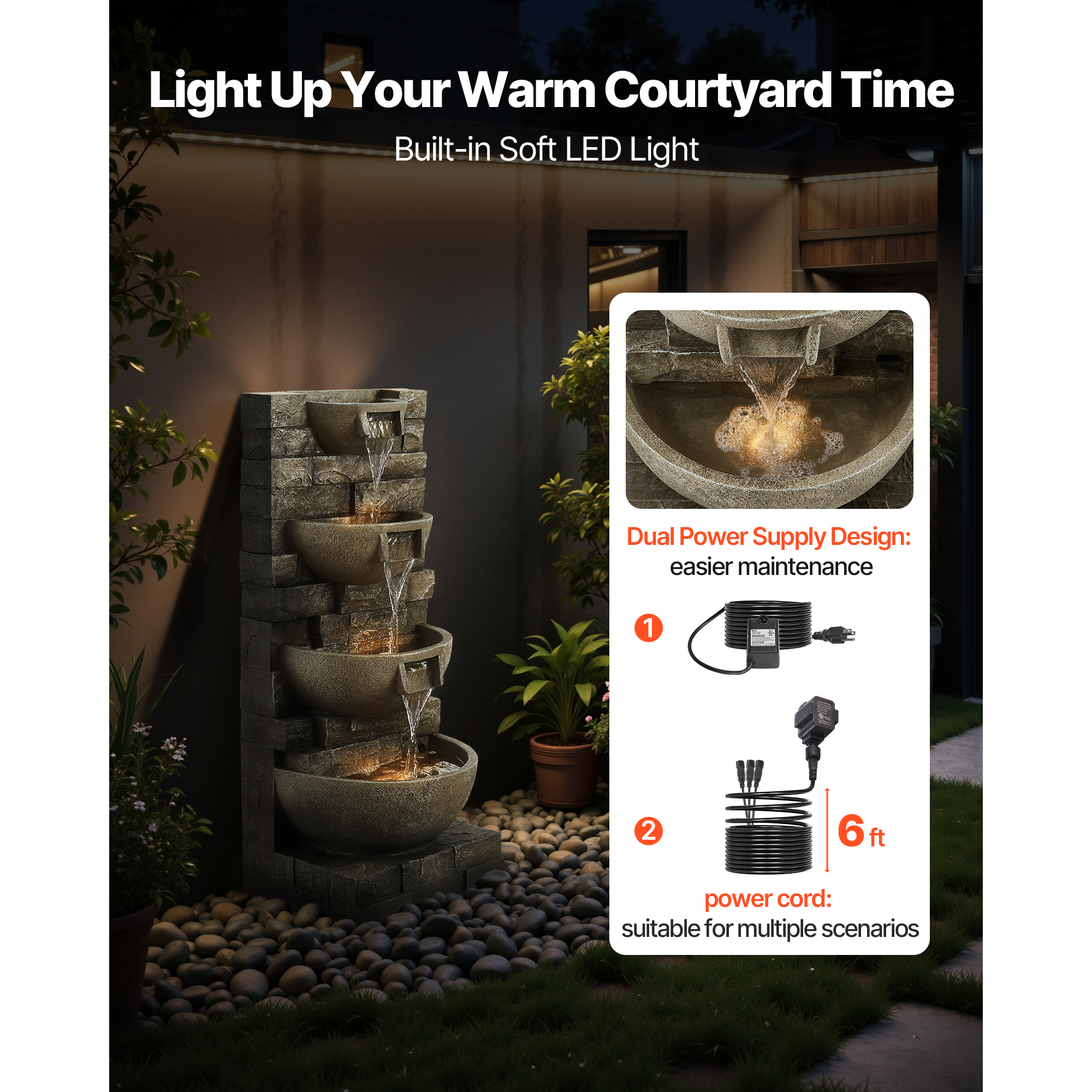 KFFKFF Outdoor Water Fountain, 35.63-Inch Tall 4-Tier Cascading Design with LED Light and Pump, Modern Block Stack Style for Garden, Patio, Backyard, or Indoor Spaces