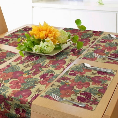 

Vintage Table Runner & Placemats Natural Tropical and Exotic Birds Butterflies Flowers and Pomegranate Illustration Set for Dining Table Placemat 4 pcs + Runner 16 x90 Beige Red by Ambesonne