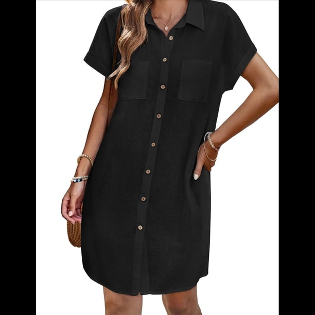 Vestido Camisero Informal de Verano para Mujer, de Algodón y , con Escote en V, Botones, Corta y Cintura Holgada, Color Negro, Talla M