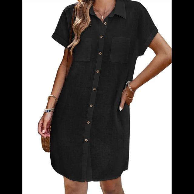 Vestido Camisero Informal de Verano para Mujer, de Algodón y , con Escote en V, Botones, Corta y Cintura Holgada, Color Negro, Talla M