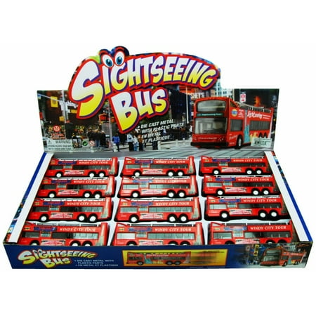 Box of 12 Diecast Model Cars - Chicago Sightseeing Double Decker Bus Open Top, Red, 6 Inch