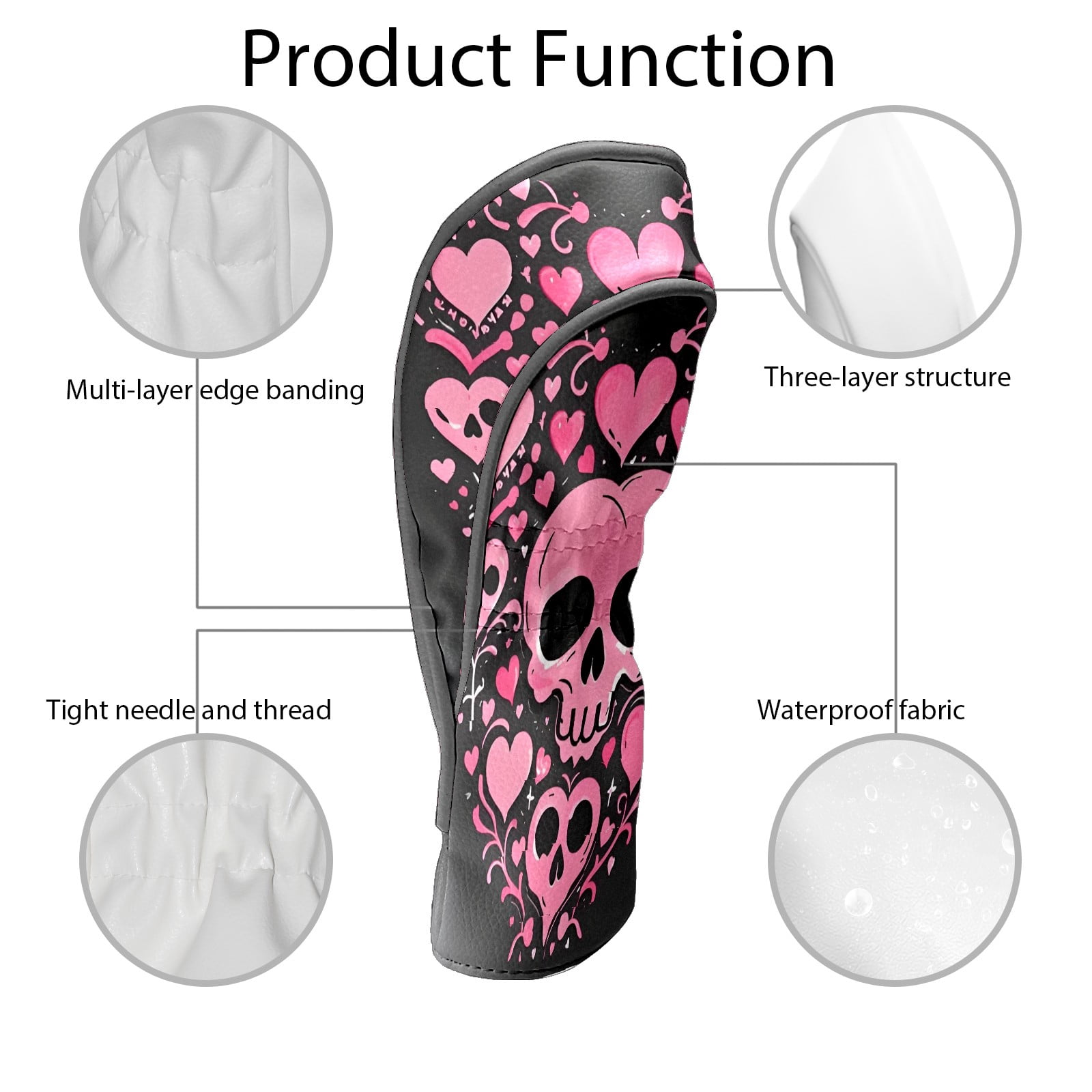 Golf Club Covers, Pink SkullHeart Premium PU Leather Driver Hybrid Putter Head Covers with Velvet Lining, Waterproof Golf Gifts for Men Women