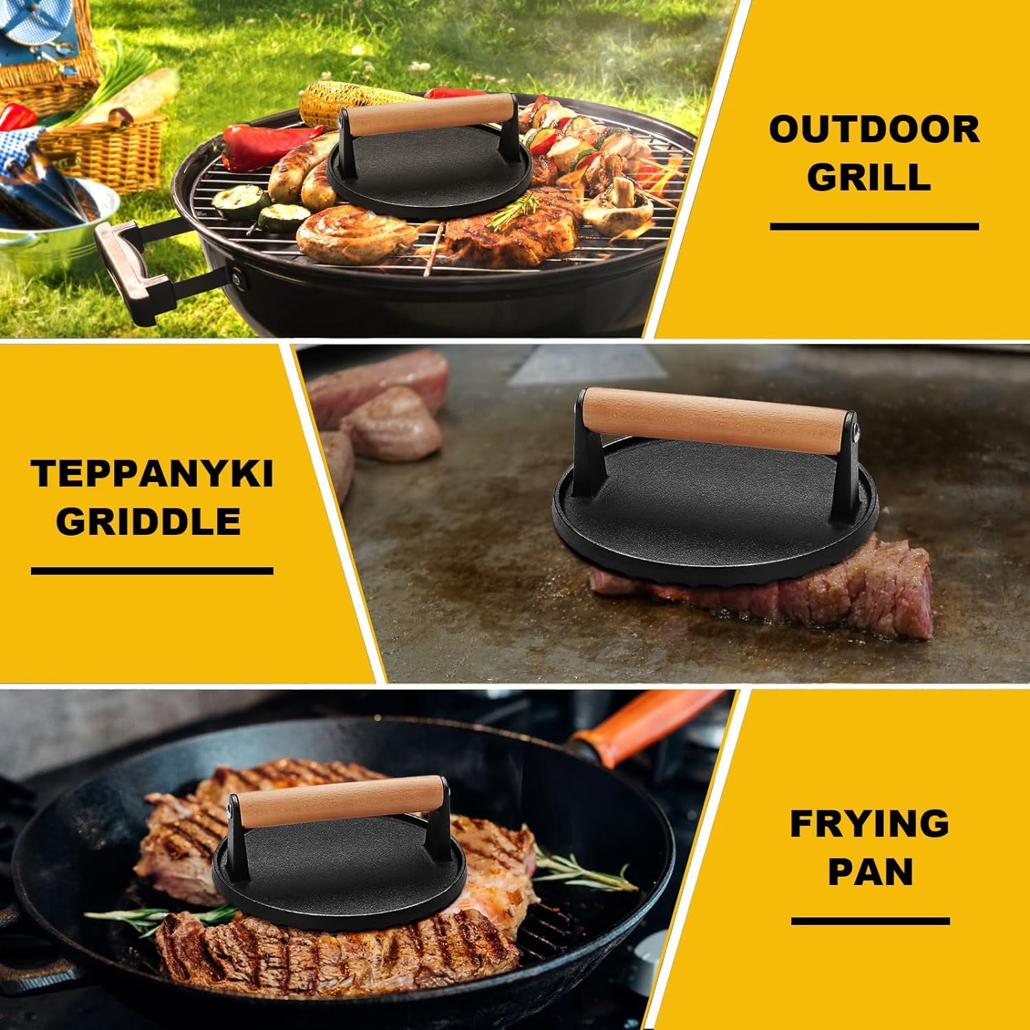 Burger Press, Smash Burger Press for Blackstone Griddle, Heavy Duty Cast Iron Round 6.9In Bacon Grill Press with Wood Handle, Meat Steak Weight for Sandwich, Paninis (Round)