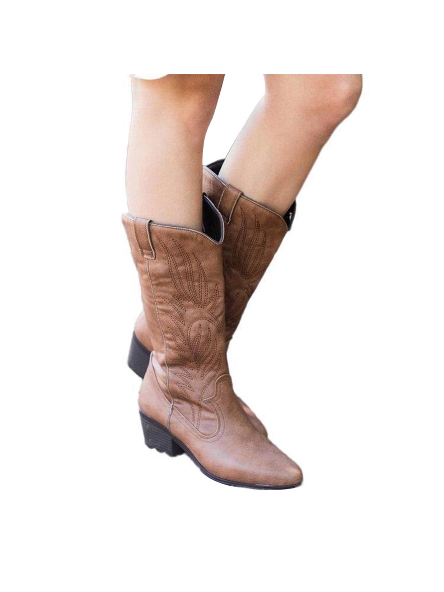 Cowboy Boots for Women Leather Women's Solid Color Ruched Boots Mid Calf Retro Pointed Toe Boots Side Zip up Western Shoes