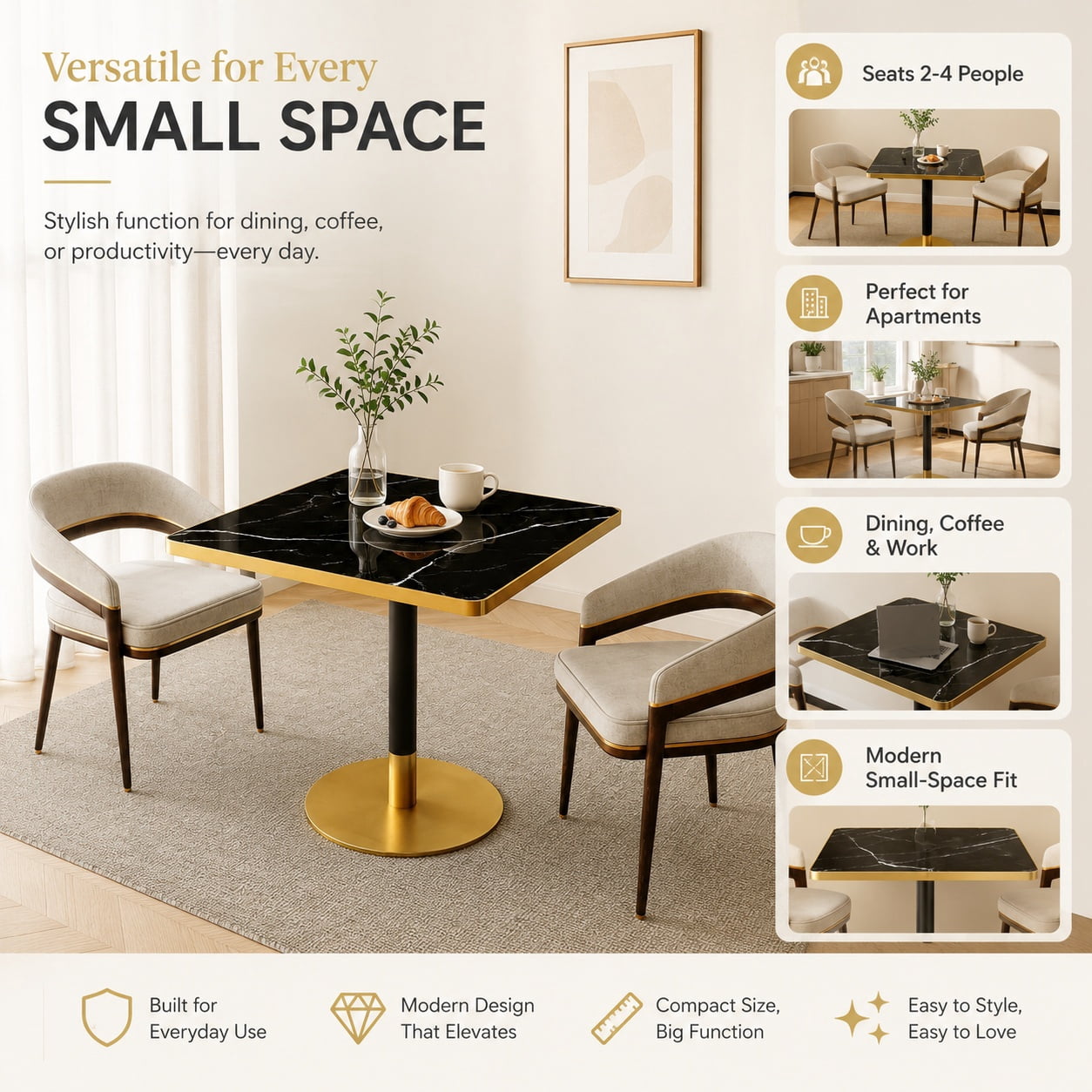 Aukfa 31.5" Square Dining Table for 2-4, Marble-Look Sintered Stone Top, Gold Pedestal Base, Small Spaces,Black Onyx