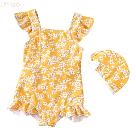 LYHao Stylish Floral Print Girls Swimsuit Summer Two Piece Tankini For Toddler Beach Pool Wear One-Piece Swimsuit 7-8 Years Yellow