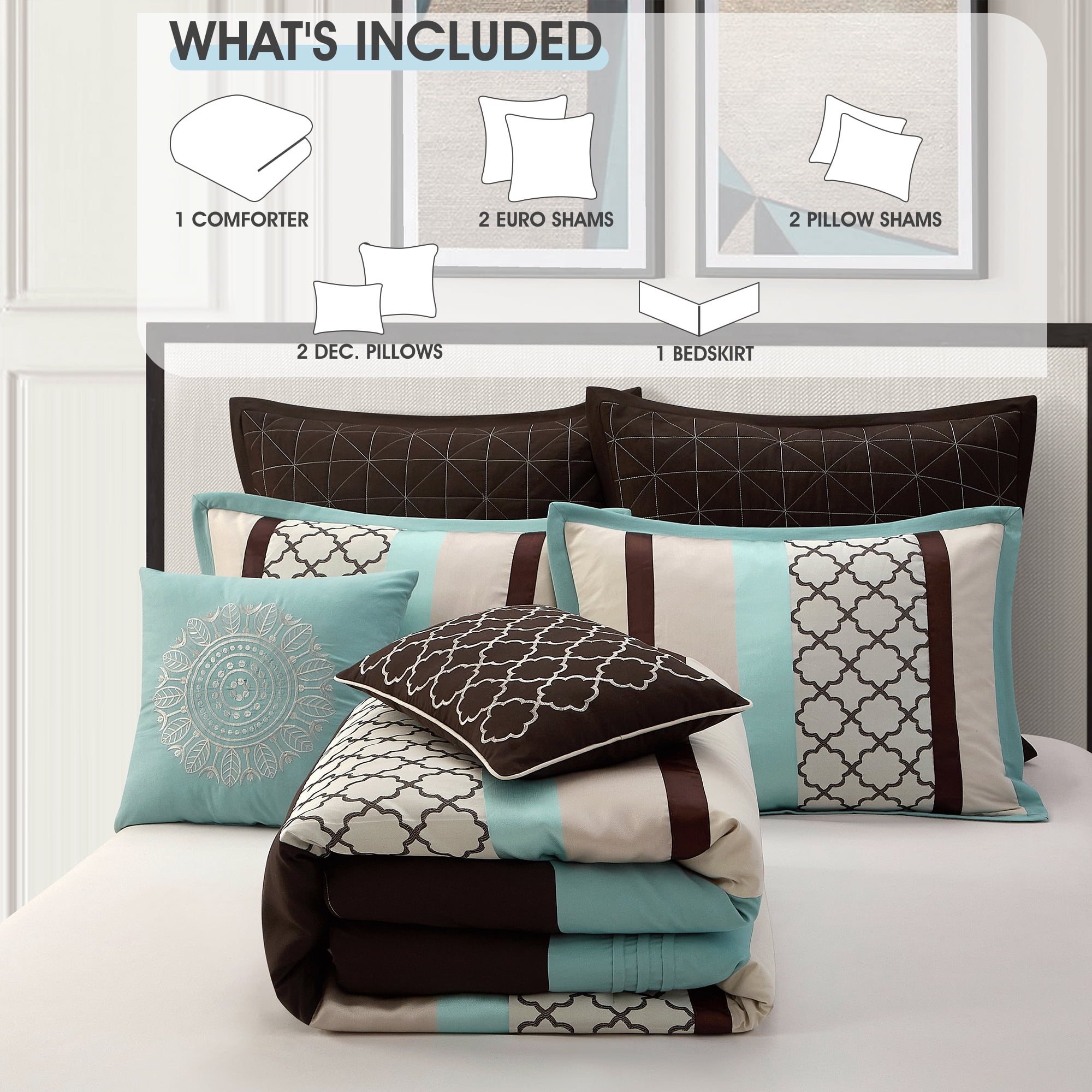 Lanco Moroccan Aqua/Brown/Light Blue 8-Piece Comforter Set, Grey, King, Striped/Geometric Patchwork