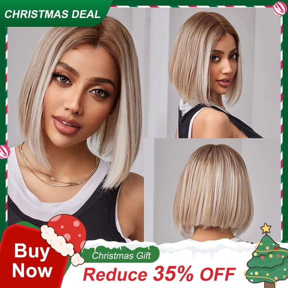 Dopi Bob Wig Synthetic Short Straight Wigs Human Hair Fake Hair Parting Wig Shoulder Length Light Gold for Women Party/Daily Use 35cm