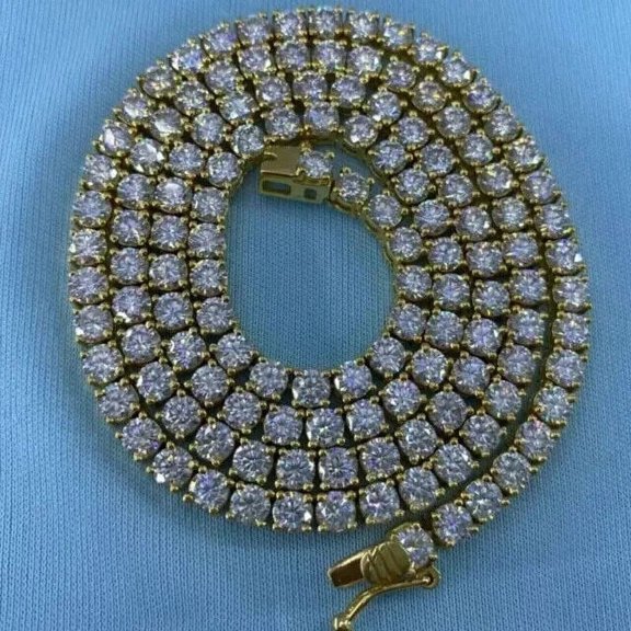 Fancy 4MM Round Cut Simulated Diamond 18" Tennis Necklace 14K Yellow Gold Plated