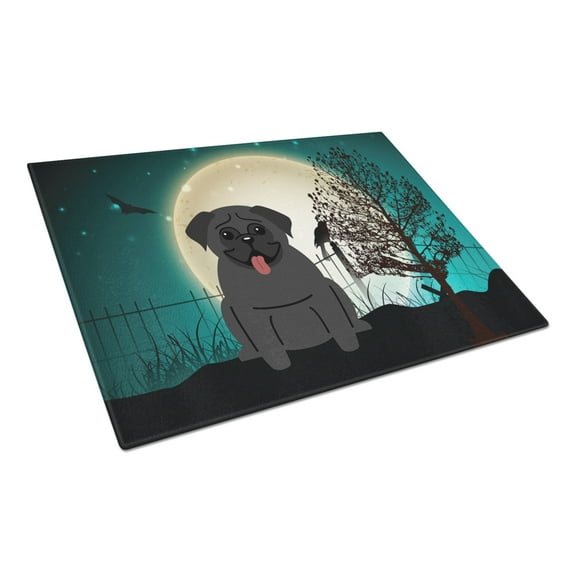 Caroline's Treasures Halloween Scary Pug Black Glass Cutting Board Large