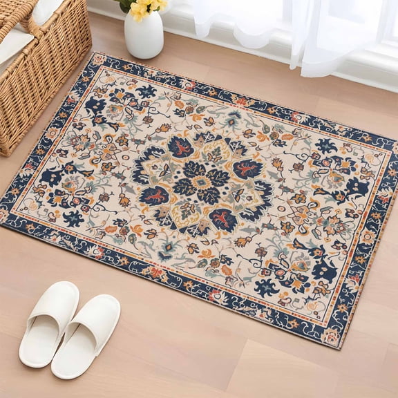 Boho Orange Blue Bathroom Mats 2x3 FT,Non Slip Small Kitchen Mat,Southwestern Ethnic Mexican Flowers Retro Washable Soft Backed Front Door Throw Rugs Indoor Outdoor Doormats for Entryway Sink