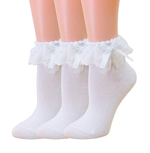 AM Landen®Super Cute Princess Lace Ruffle Frilly Ankle Socks-3 Pairs set 