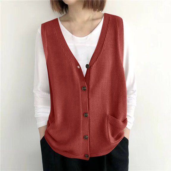 Chbgutlmr Vest Tops for Women Spring Sweaters Button down V Neck Vests with Pocket Casual Loose Comfy Pull-On Vests