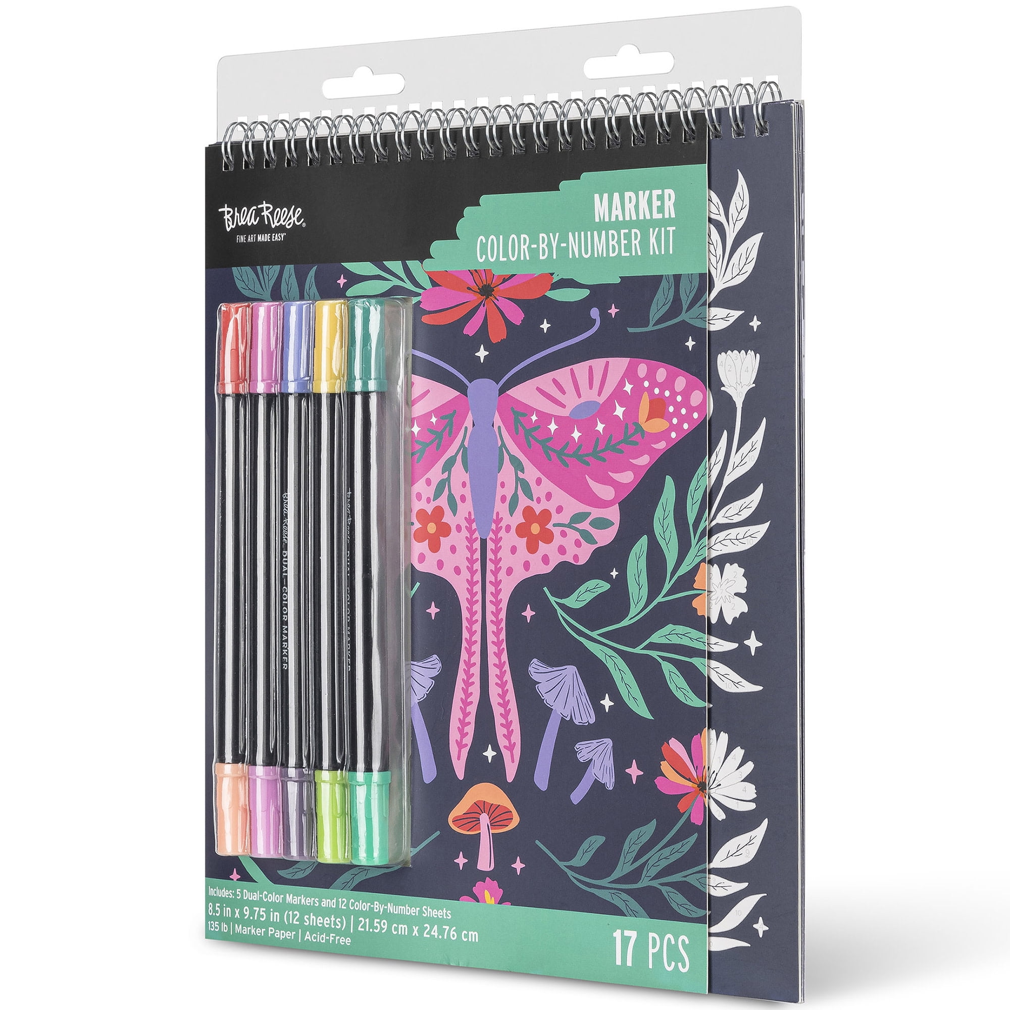 Brea Reese: Marker Color-by-Number Kit - Whimsical Botanicals - 5 Dual-Tip Markers, 12 Designs, Guided Art, 8.5 x 9.75" Pages, Adult Spiral Art Pad