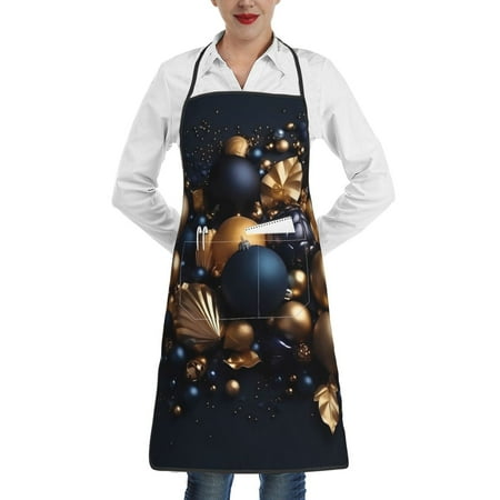 

Qekee Elegant Golden Blue Ornaments Print Adjustable Bib Apron Resistant with Pocket Cooking Kitchen Aprons for Women Men Server Chef Apron