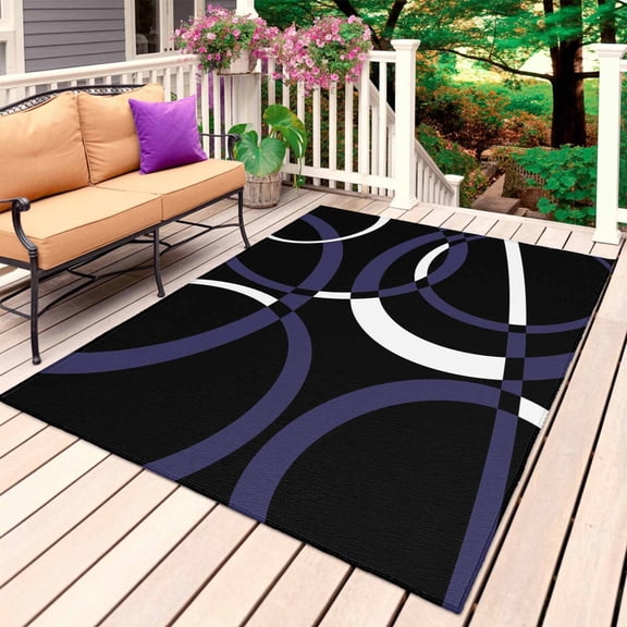 Blue Geometric Outdoor Rug for Patio/Deck/Porch, Non-Slip Large Area Rug 4 x 6 Ft, Contemporary White Abstract Lines Black Indoor Outdoor Rugs Washable Area Rugs, Reversible Camping Rug Carpet Runner