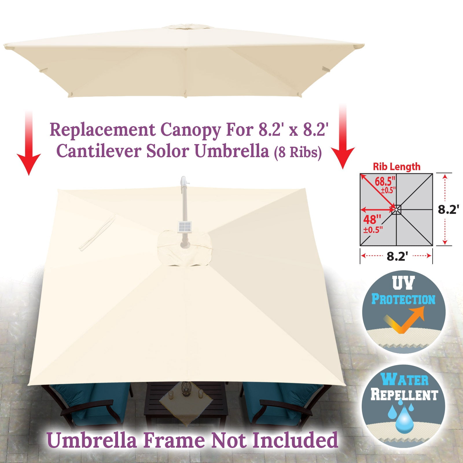 SOLAXO Replacement Umbrella Canopy for 8.2ft x 8.2 ft 8 ribs